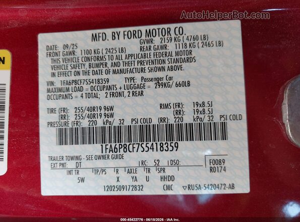 1FA6P8CF7S5418359 2025 FORD MUSTANG Красный Вид подкапотного пространства