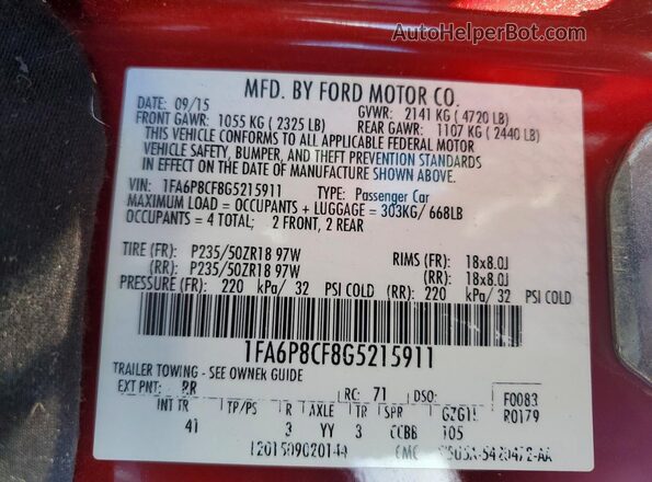 1FA6P8CF8G5215911 2016 FORD MUSTANG Red Widok komory silnika
