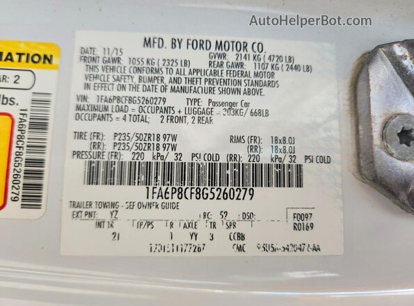 1FA6P8CF8G5260279 2016 FORD MUSTANG White VIN sticker view