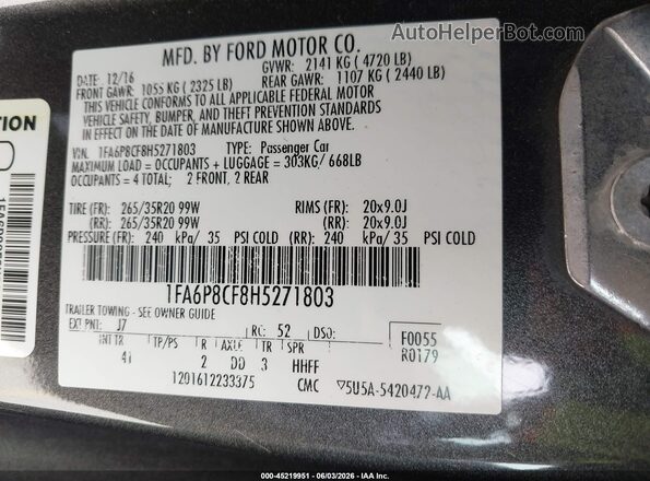 1FA6P8CF8H5271803 2017 FORD MUSTANG Gray ძრავის განყოფილების ხედი