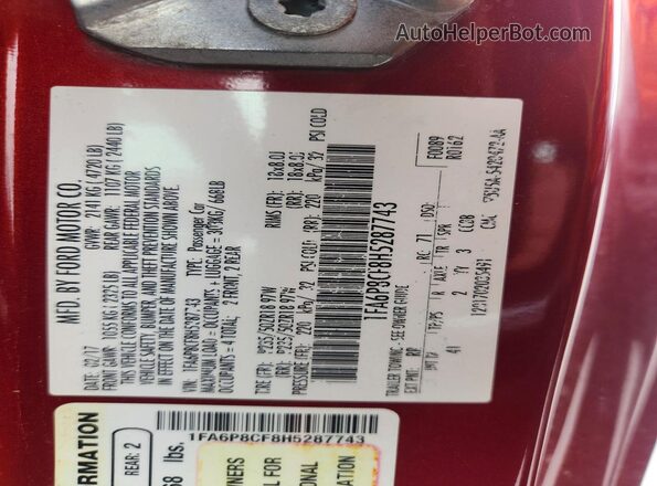 1FA6P8CF8H5287743 2017 FORD MUSTANG Maroon Vista del compartimento del motor