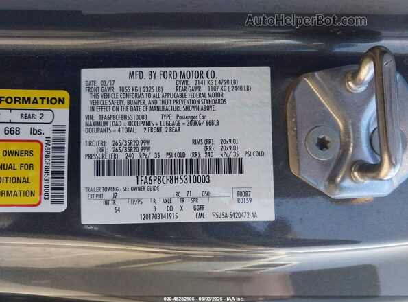 1FA6P8CF8H5310003 2017 FORD MUSTANG Gray Engine compartment view
