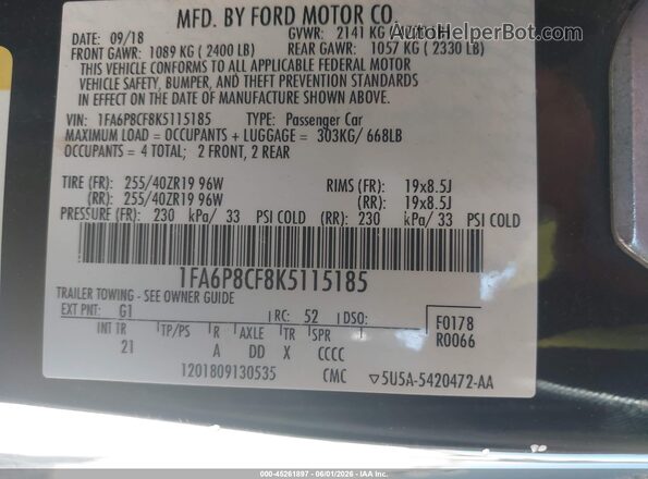 1FA6P8CF8K5115185 2019 FORD MUSTANG Black Vista del compartimento del motor