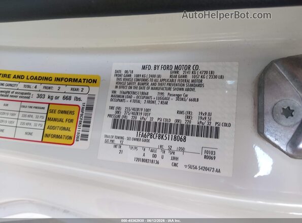 1FA6P8CF8K5118068 2019 FORD MUSTANG Белый Вид подкапотного пространства