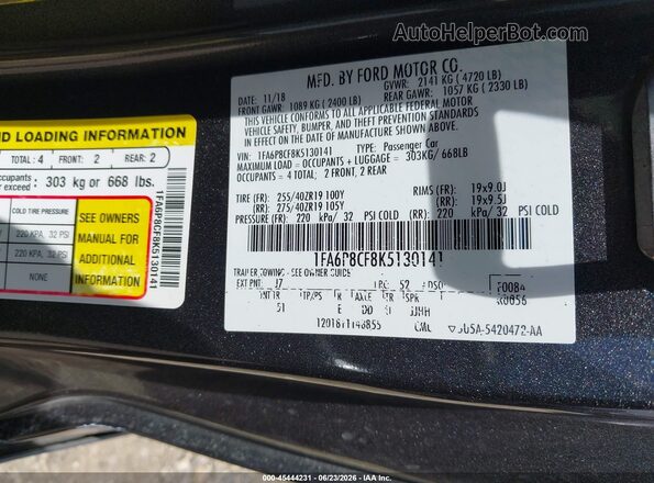 1FA6P8CF8K5130141 2019 FORD MUSTANG Gray Widok komory silnika