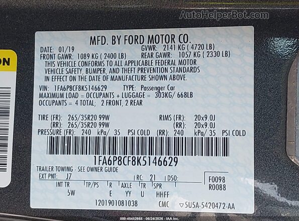 1FA6P8CF8K5146629 2019 FORD MUSTANG Gray Vista del compartimento del motor