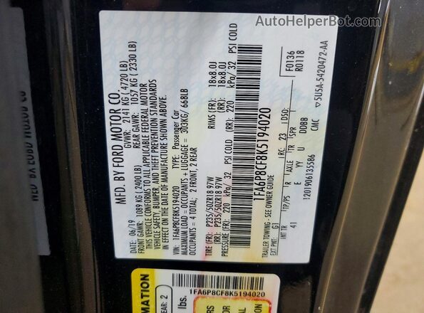 1FA6P8CF8K5194020 2019 FORD MUSTANG Two Tone Вид підкапотного простору