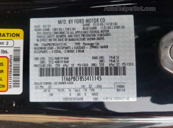 1FA6P8CF8S5411145 2025 FORD MUSTANG Black Widok naklejki z numerem VIN