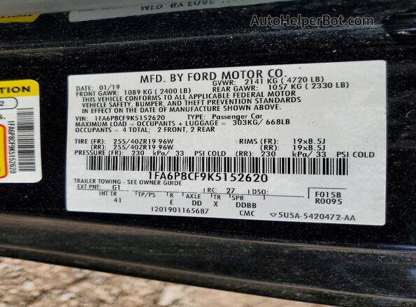 1FA6P8CF9K5152620 2019 FORD MUSTANG Black ძრავის განყოფილების ხედი