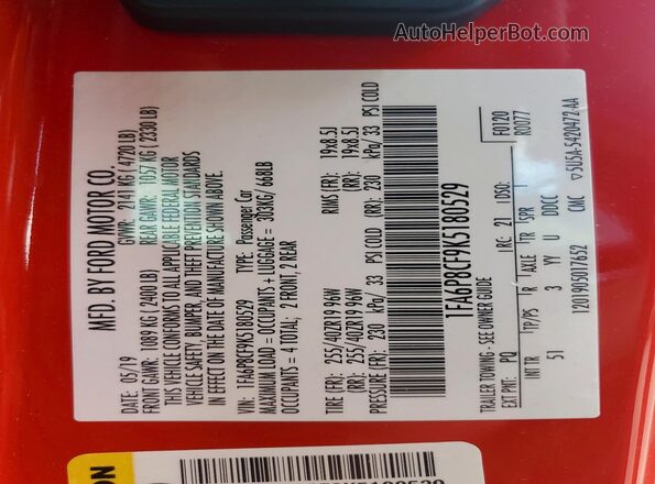 1FA6P8CF9K5180529 2019 FORD MUSTANG Red Vista del compartimento del motor