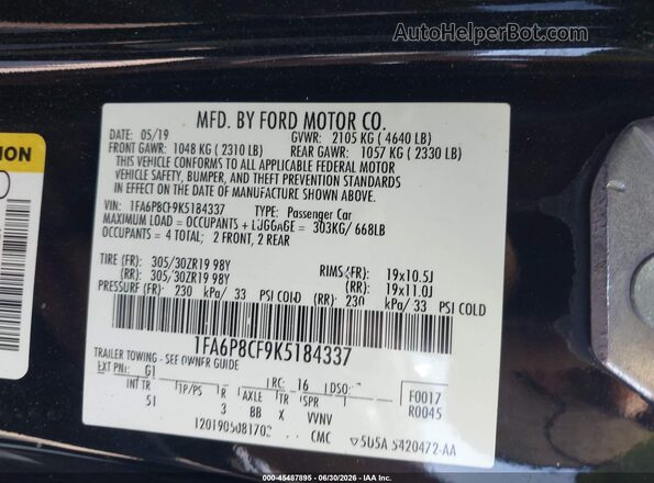 1FA6P8CF9K5184337 2019 FORD MUSTANG Black Շարժիչի բաժամունքի տեսք