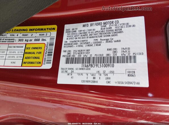 1FA6P8CF9L5100910 2020 FORD MUSTANG Red Շարժիչի բաժամունքի տեսք