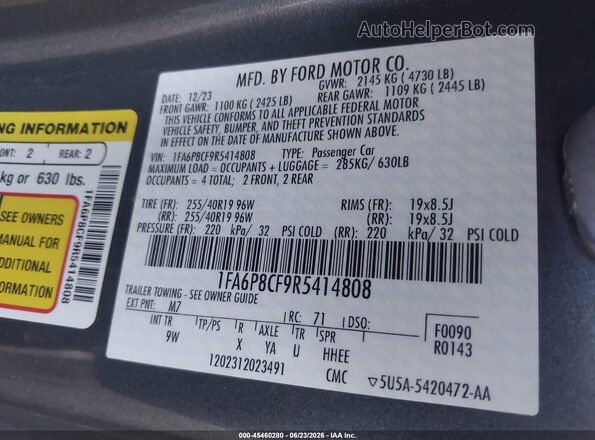 1FA6P8CF9R5414808 2024 FORD MUSTANG Серый Вид подкапотного пространства