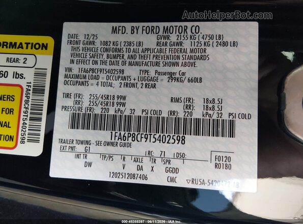 1FA6P8CF9T5402598 2026 FORD MUSTANG Black Widok komory silnika