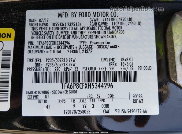 1FA6P8CFXH5344296 2017 FORD MUSTANG Черный Вид подкапотного пространства