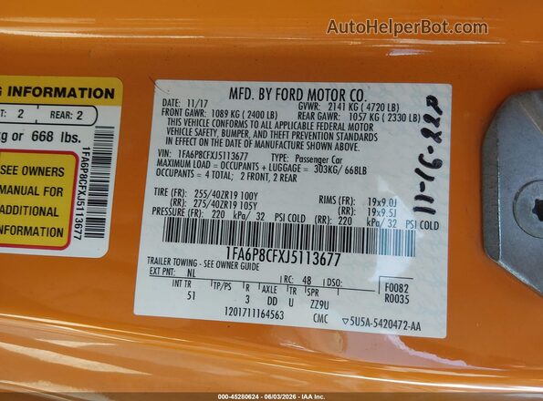 1FA6P8CFXJ5113677 2018 FORD MUSTANG Оранжевый Вид подкапотного пространства