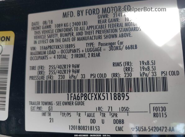 1FA6P8CFXK5118895 2019 FORD MUSTANG Черный Вид подкапотного пространства