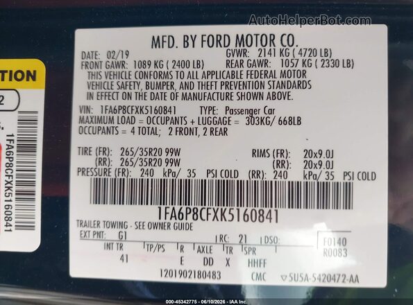 1FA6P8CFXK5160841 2019 FORD MUSTANG Black Vista del compartimento del motor