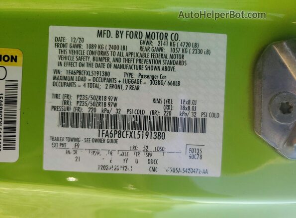 1FA6P8CFXL5191380 2020 FORD MUSTANG Green VIN sticker view