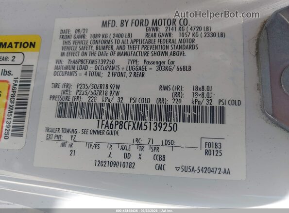 1FA6P8CFXM5139250 2021 FORD MUSTANG White Widok komory silnika