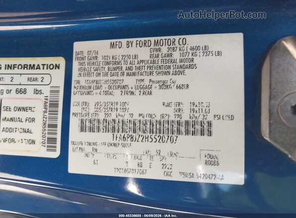 1FA6P8JZ2H5520707 2017 FORD SHELBY Blue Engine compartment view
