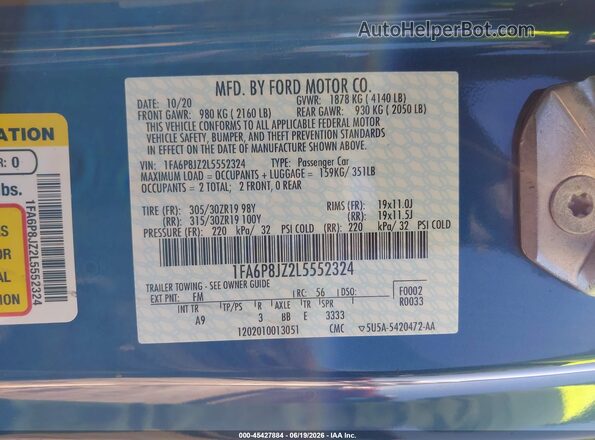 1FA6P8JZ2L5552324 2020 FORD MUSTANG Blue Widok komory silnika