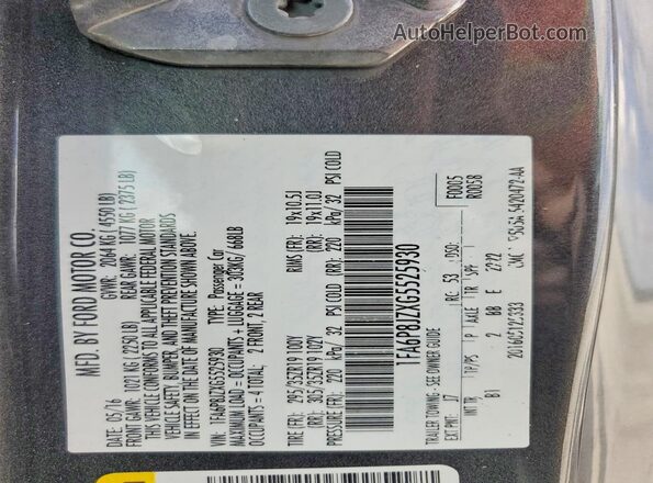 1FA6P8JZXG5525930 2016 FORD MUSTANG Charcoal Vista del compartimento del motor