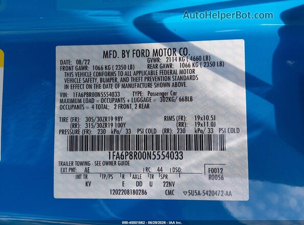 1FA6P8R00N5554033 2022 FORD MUSTANG Blue Vista del compartimento del motor