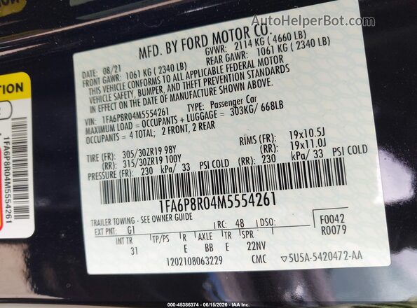 1FA6P8R04M5554261 2021 FORD MUSTANG Black Widok komory silnika