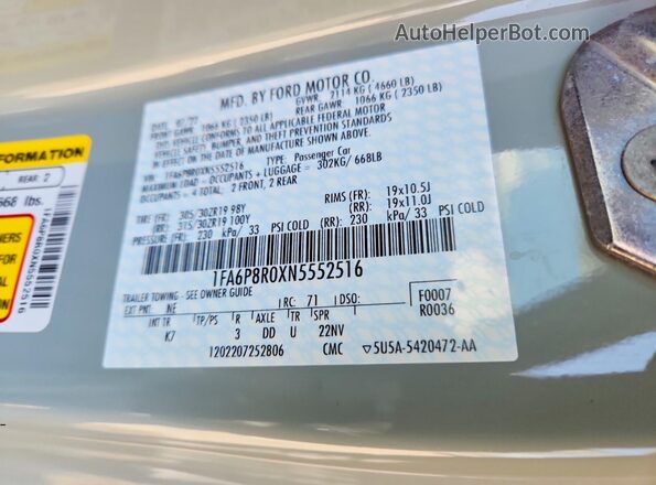 1FA6P8R0XN5552516 2022 FORD MUSTANG Gray 