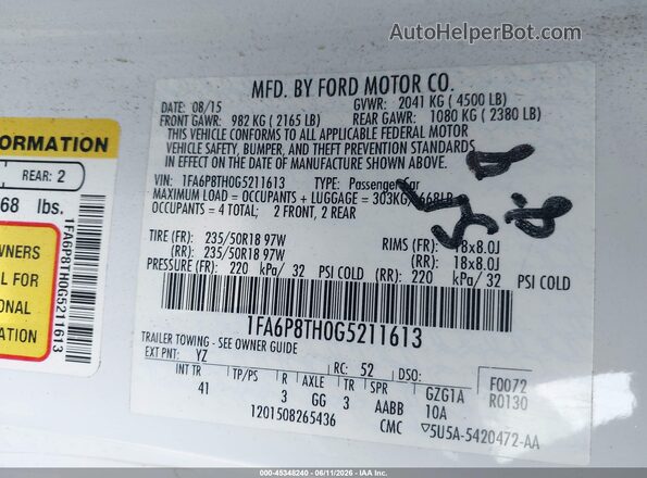 1FA6P8TH0G5211613 2016 FORD MUSTANG White Engine compartment view