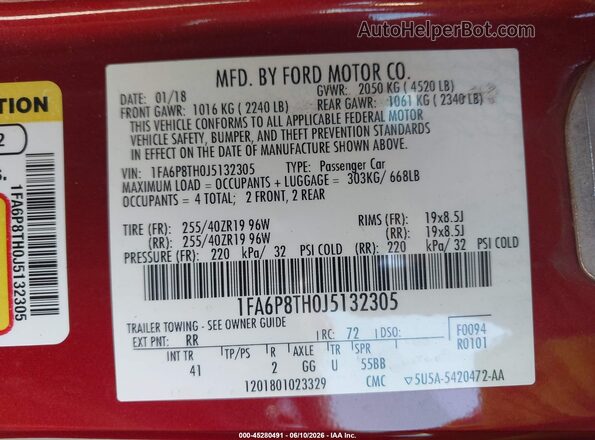 1FA6P8TH0J5132305 2018 FORD MUSTANG Бордовый Вид подкапотного пространства