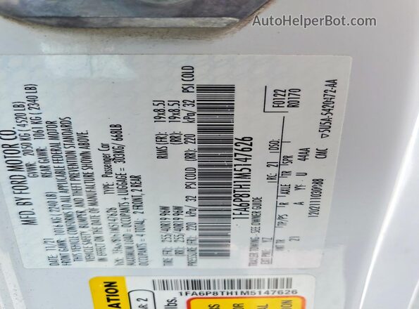 1FA6P8TH1M5147626 2021 FORD MUSTANG White VIN sticker view