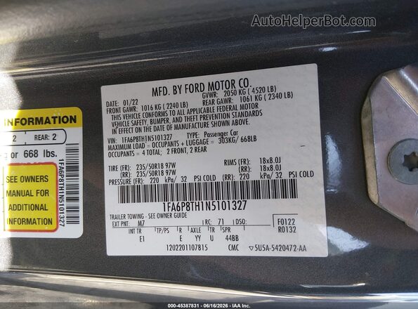 1FA6P8TH1N5101327 2022 FORD MUSTANG Серый Вид подкапотного пространства