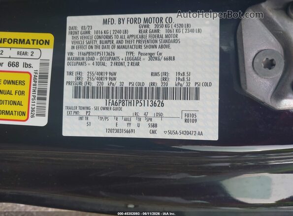 1FA6P8TH1P5113626 2023 FORD MUSTANG Синий Вид подкапотного пространства