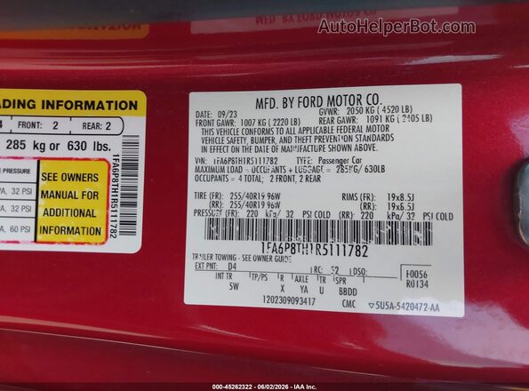 1FA6P8TH1R5111782 2024 FORD MUSTANG Red Вид підкапотного простору
