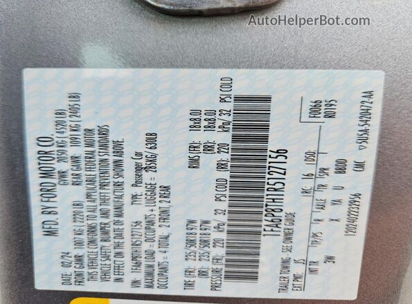 1FA6P8TH1R5127156 2024 FORD MUSTANG Silver Vista de la etiqueta del VIN