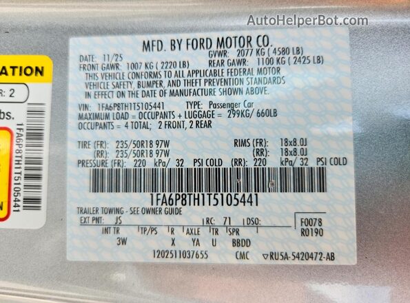 1FA6P8TH1T5105441 2026 FORD MUSTANG Серебряный Вид наклейки с VIN-кодом