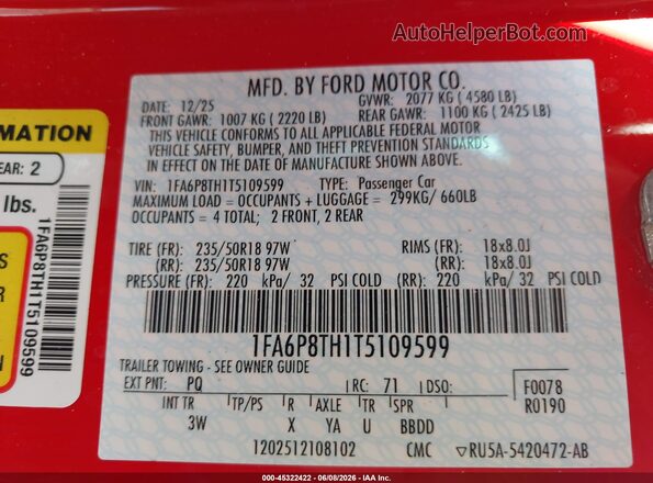1FA6P8TH1T5109599 2026 FORD MUSTANG Red Вид підкапотного простору