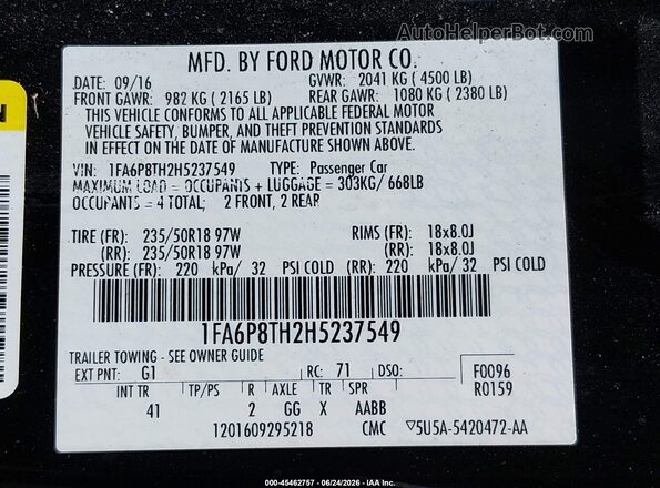 1FA6P8TH2H5237549 2017 FORD MUSTANG Black Вид підкапотного простору