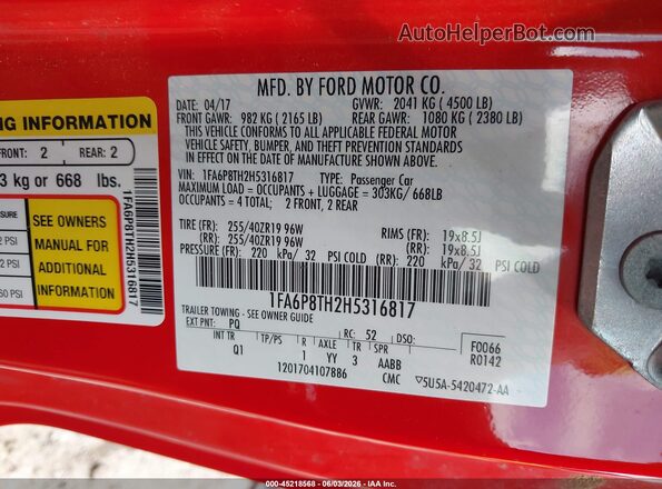 1FA6P8TH2H5316817 2017 FORD MUSTANG Red Engine compartment view