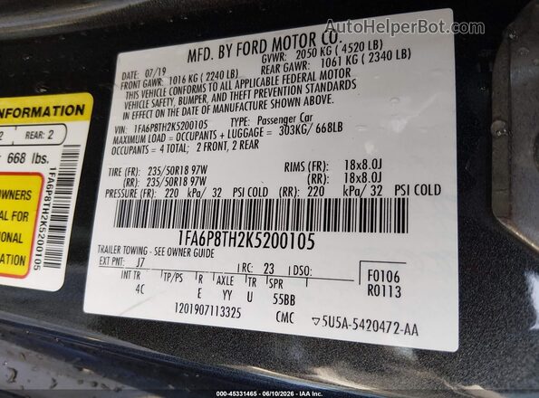 1FA6P8TH2K5200105 2019 FORD MUSTANG Gray ძრავის განყოფილების ხედი