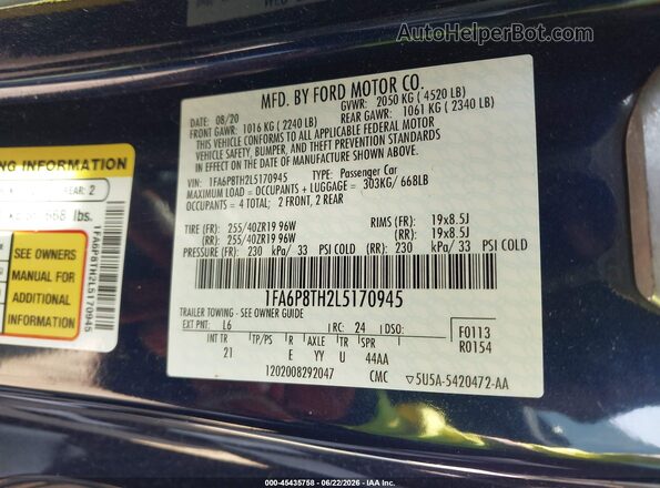 1FA6P8TH2L5170945 2020 FORD MUSTANG Dark Blue Engine compartment view