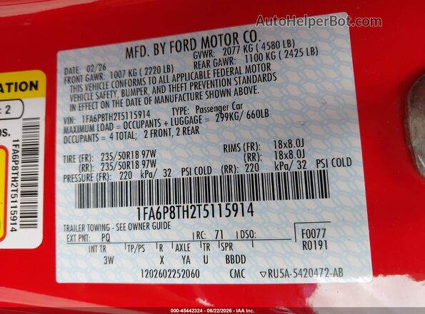 1FA6P8TH2T5115914 2026 FORD MUSTANG Red Շարժիչի բաժամունքի տեսք