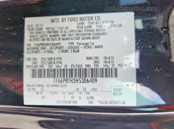 1FA6P8TH3H5306409 2017 FORD MUSTANG Black Vista del compartimento del motor