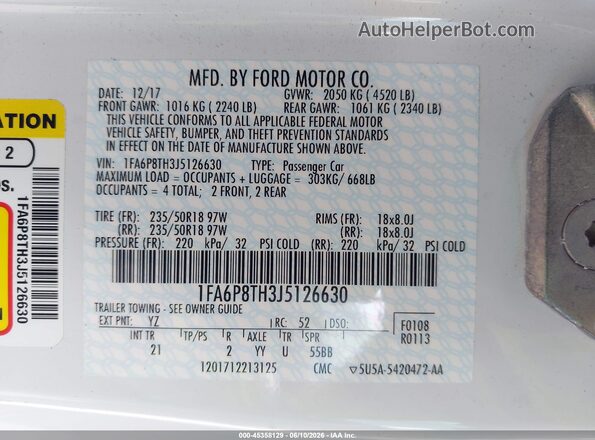 1FA6P8TH3J5126630 2018 FORD MUSTANG White ძრავის განყოფილების ხედი
