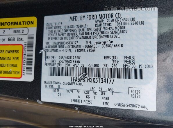 1FA6P8TH3K5134177 2019 FORD MUSTANG Gray ძრავის განყოფილების ხედი
