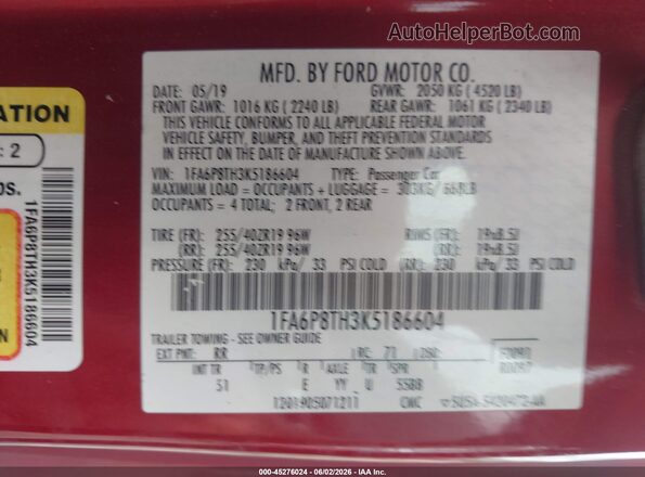 1FA6P8TH3K5186604 2019 FORD MUSTANG Burgundy 