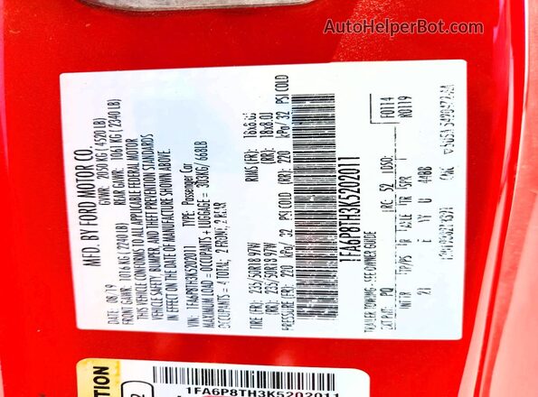 1FA6P8TH3K5202011 2019 FORD MUSTANG Red Engine compartment view