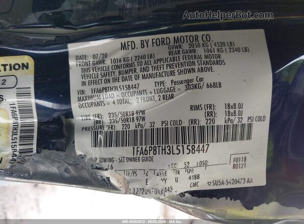 1FA6P8TH3L5158447 2020 FORD MUSTANG Blue Շարժիչի բաժամունքի տեսք